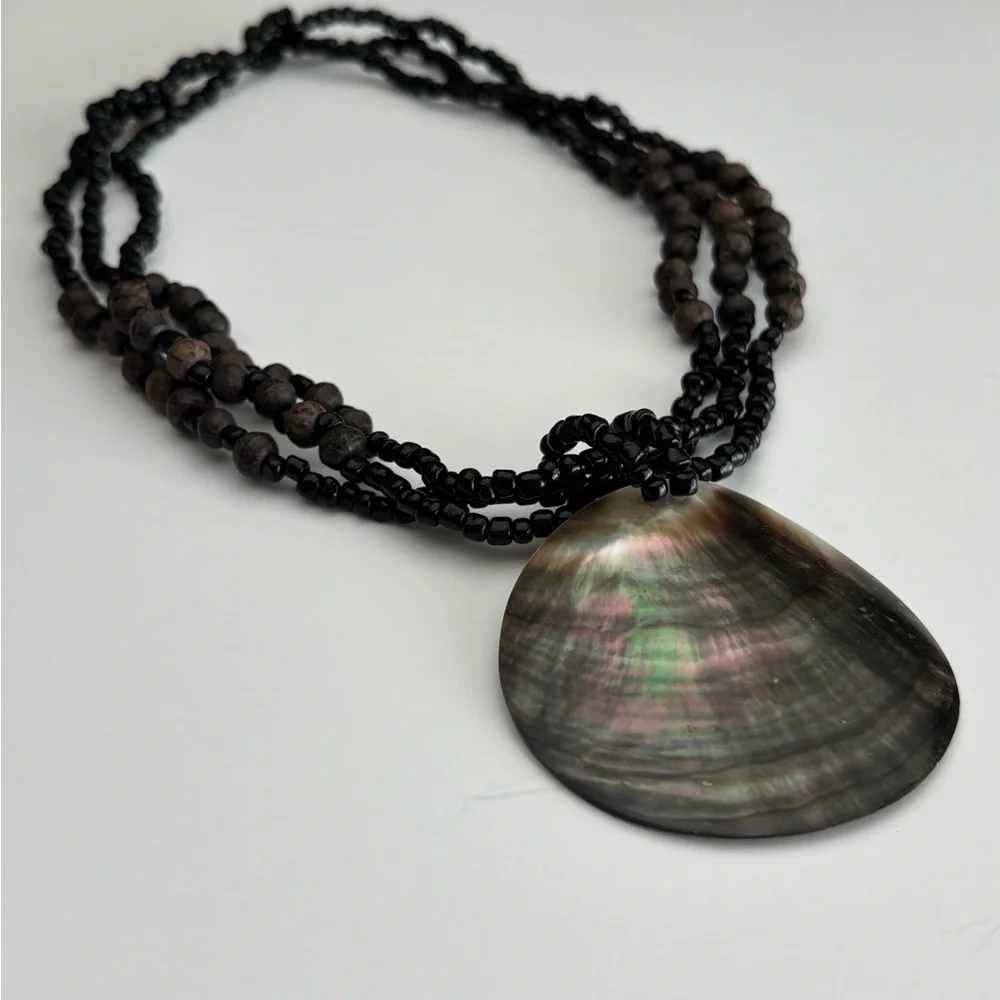 Abalone Pendant Statement Necklace Multi Strand Beaded Boho Style
